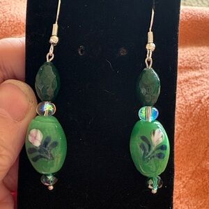 Hand Crafted Green Glass Floral Earrings